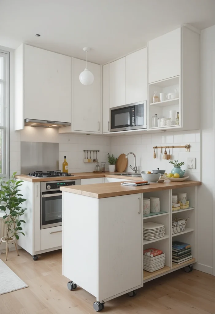 Compact L-shaped kitchen with a slim rolling island for extra workspace.