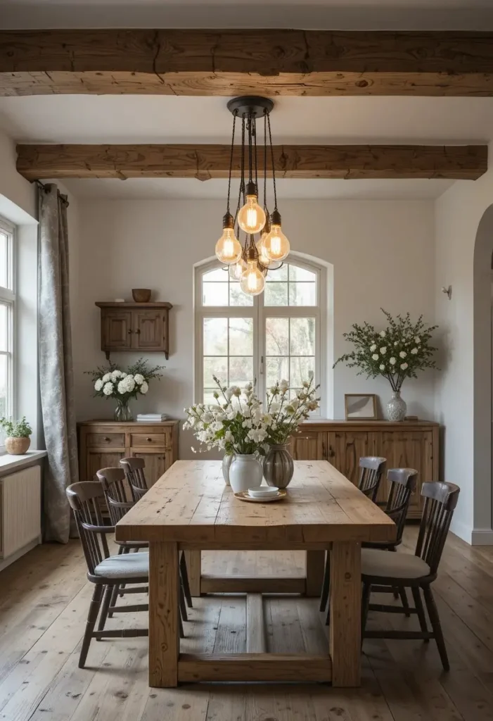 Wooden beam chandelier above a rustic dining table with warm lighting.