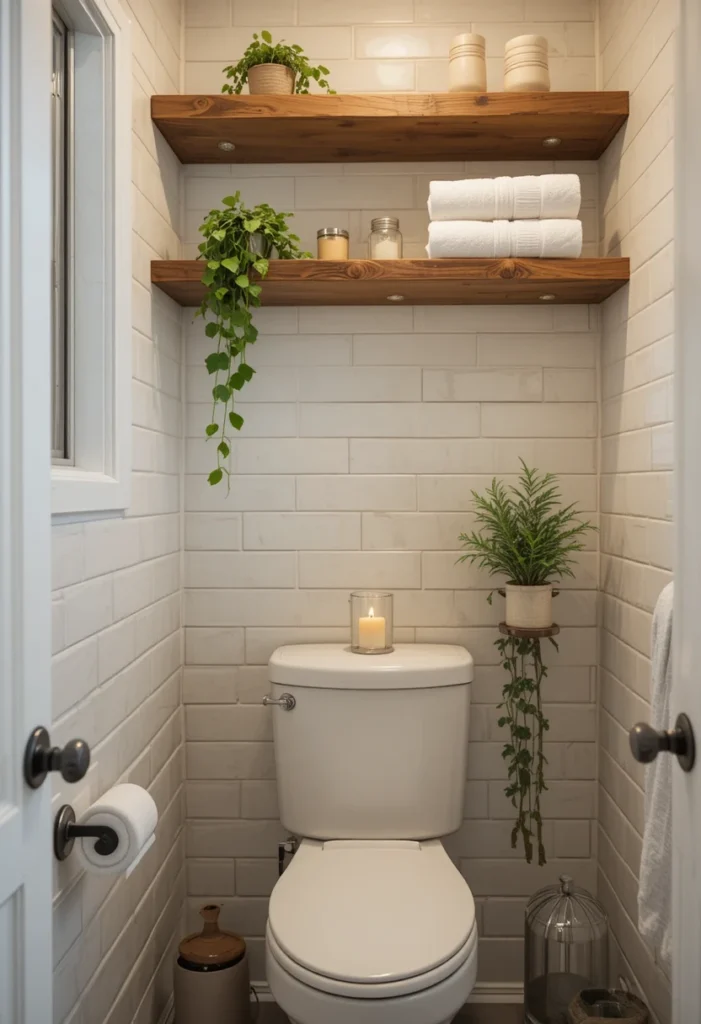 Floating wooden shelves styled with towels, candles, and plants in a bathroom.