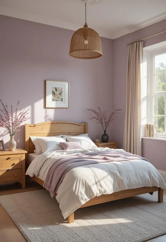 Dusty lavender bedroom walls paired with cream bedding and warm wood furniture for a soft, relaxing retreat.