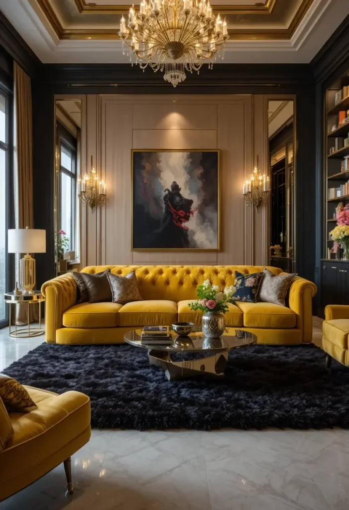 Velvet yellow couch creating a luxurious focal point in an elegant living room.