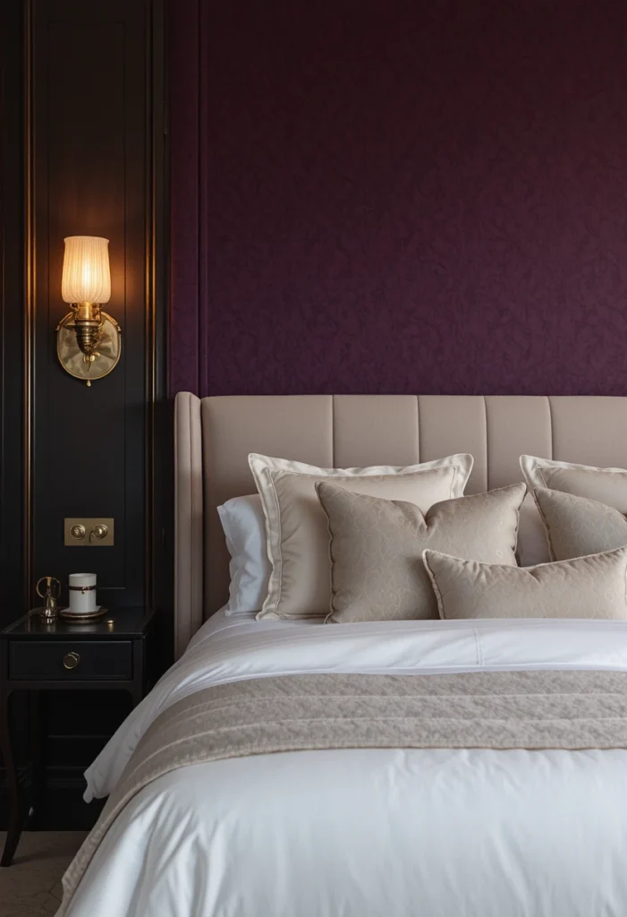 Deep plum accent wall creating a bold and luxurious focal point in a stylish bedroom.