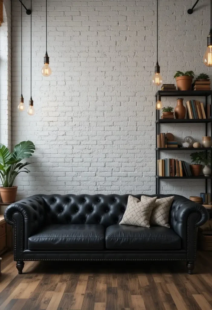 Black couch in front of a white brick wall creating industrial charm.