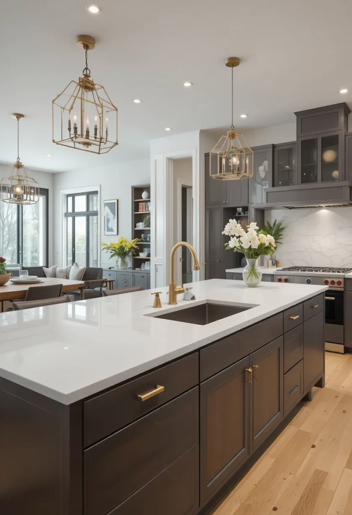 Kitchen island with built-in sink and brass faucet in a U shaped layout.
