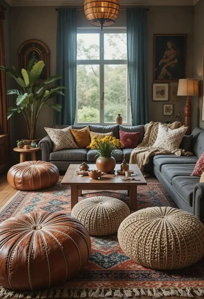 Floor cushions and poufs creating casual seating in a boho living room.