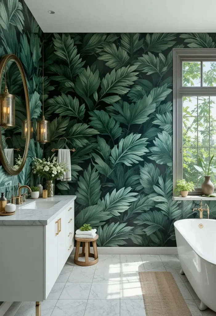 Bathroom featuring bold botanical wallpaper with large green tropical leaves.