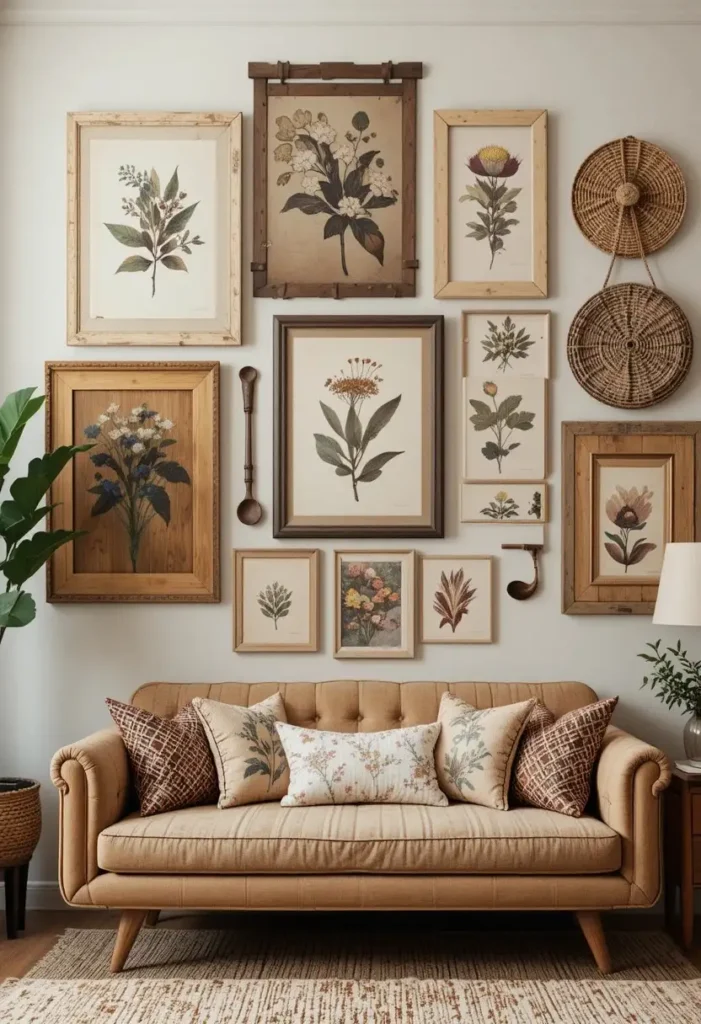Mixed-art gallery wall bringing personality to a boho living room.