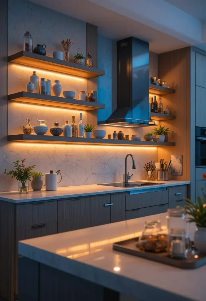 Floating kitchen shelves with warm under-shelf lighting for ambiance.