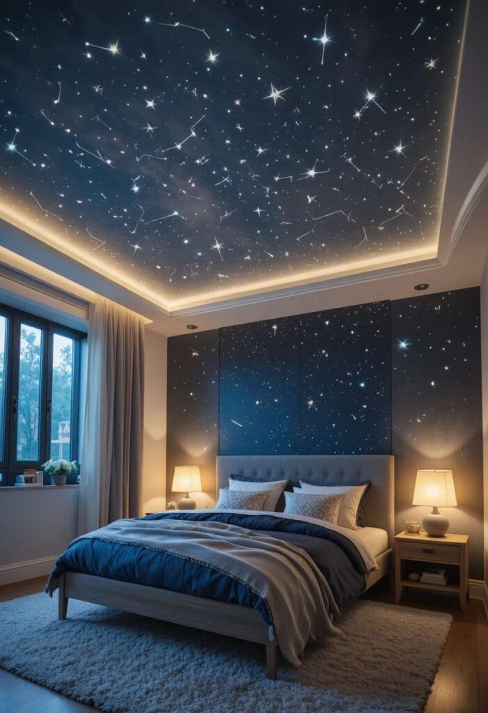 Bedroom featuring a glow-in-the-dark star ceiling with realistic constellations and cozy nighttime lighting.