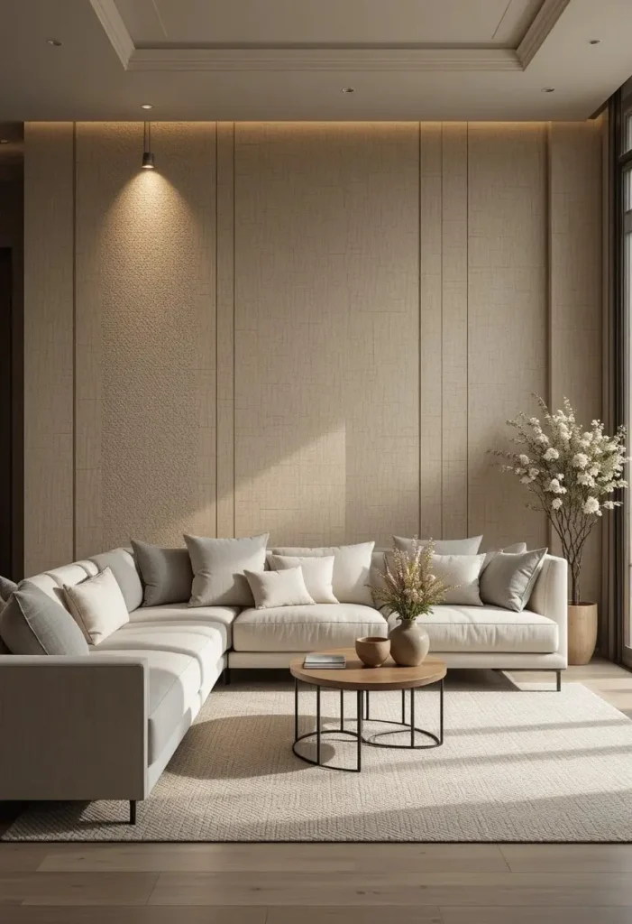 Textured wallpaper adding depth and warmth to a living room remodel.