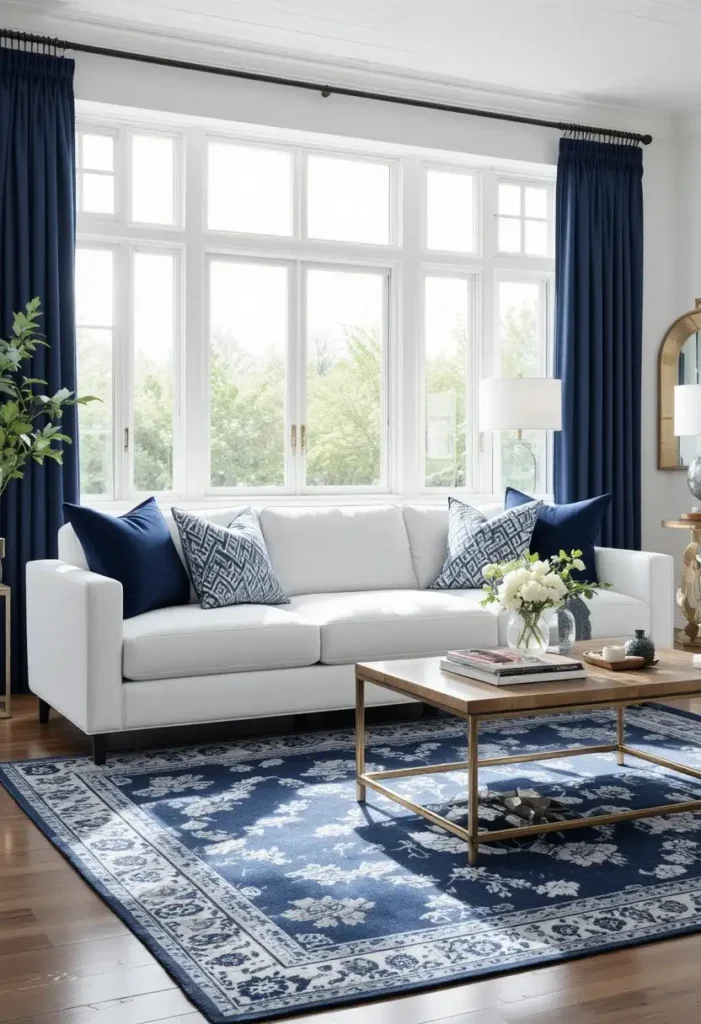 White couch paired with navy blue accents for a timeless and sophisticated living room.