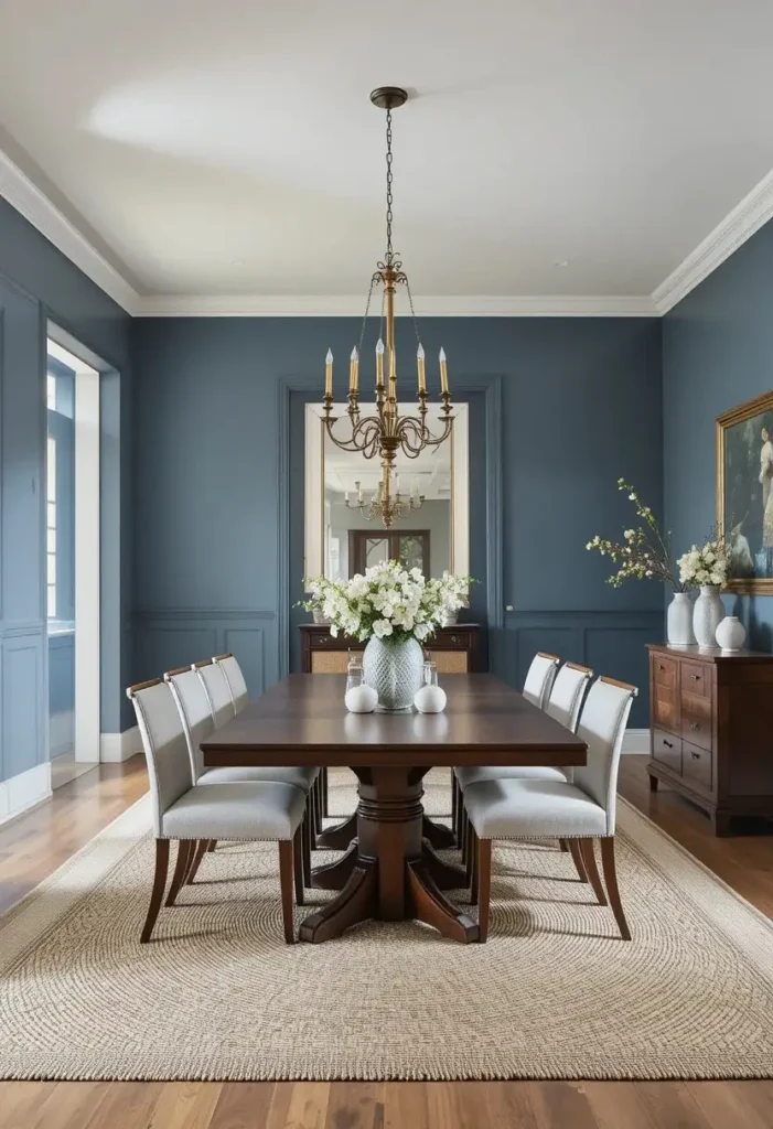 Blue dining room with dark wood dining furniture and natural jute rug.