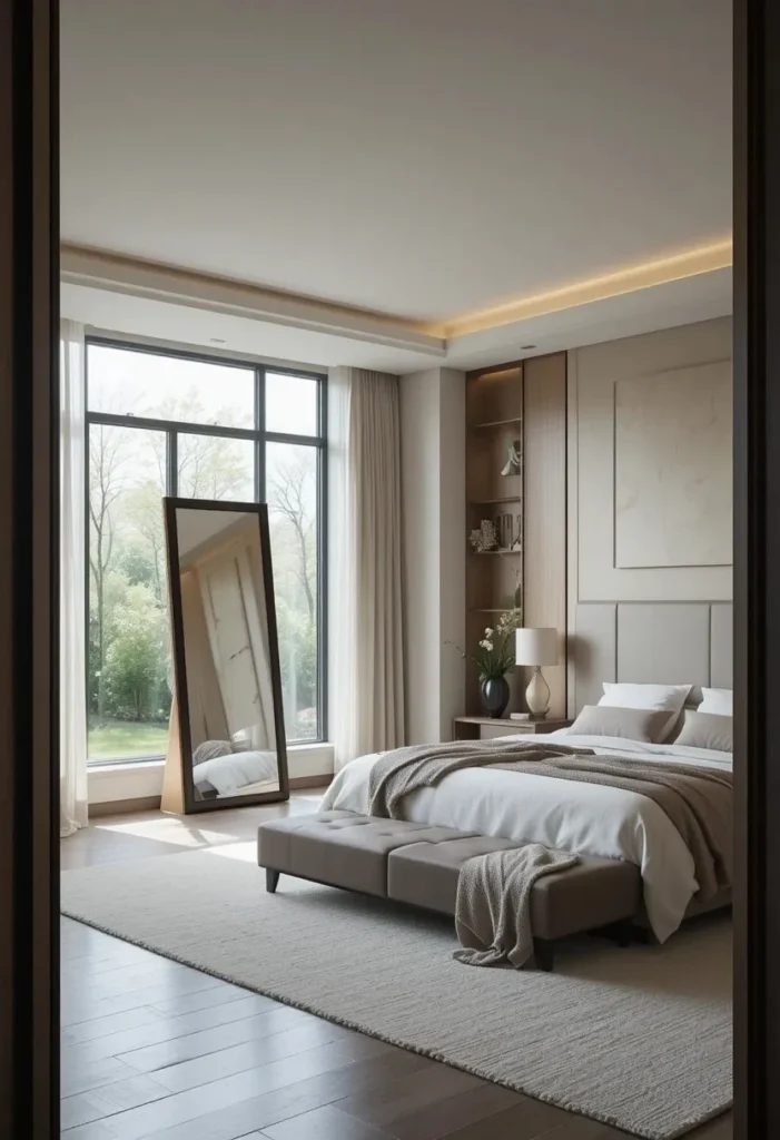 Master bedroom with a large mirror creating a brighter and more spacious feel.