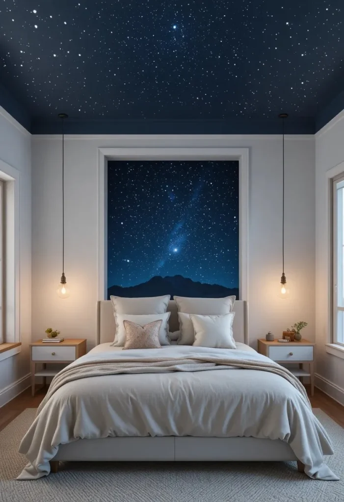 Bedroom with a midnight blue ceiling and warm ambient lighting
