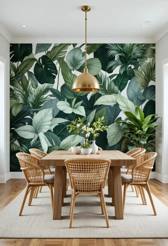 Dining room with bold botanical wallpaper creating a lush garden-inspired atmosphere.