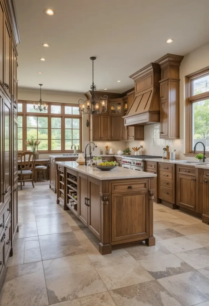 Hickory kitchen cabinets paired with warm stone tile flooring.