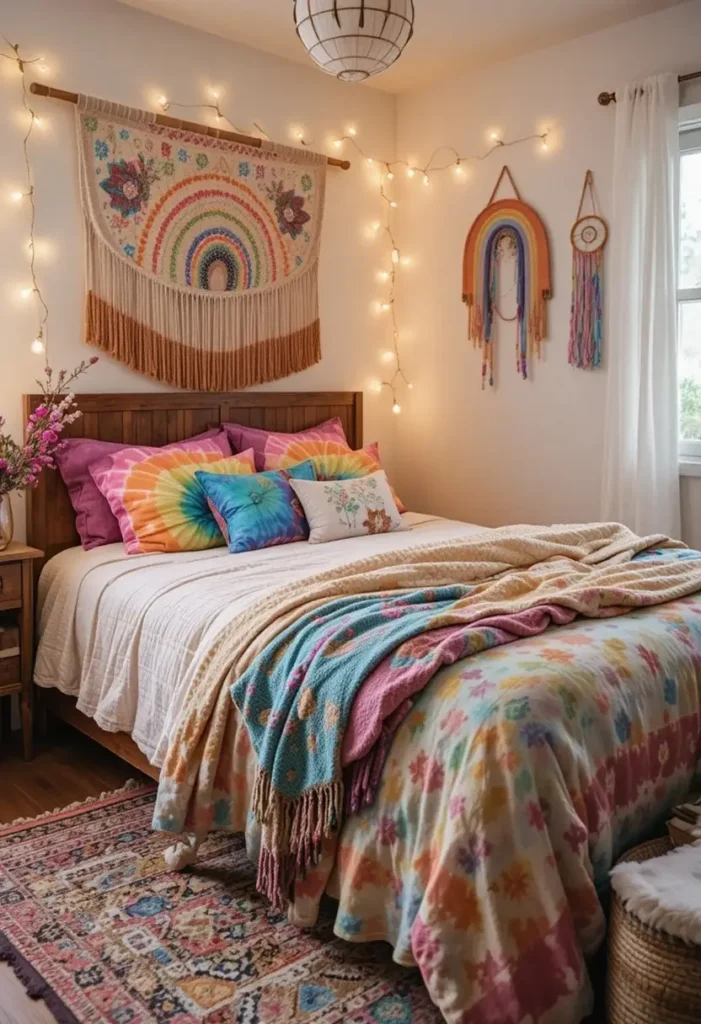 Budget-friendly rainbow boho bedroom decorated with colorful thrifted and handmade accents.