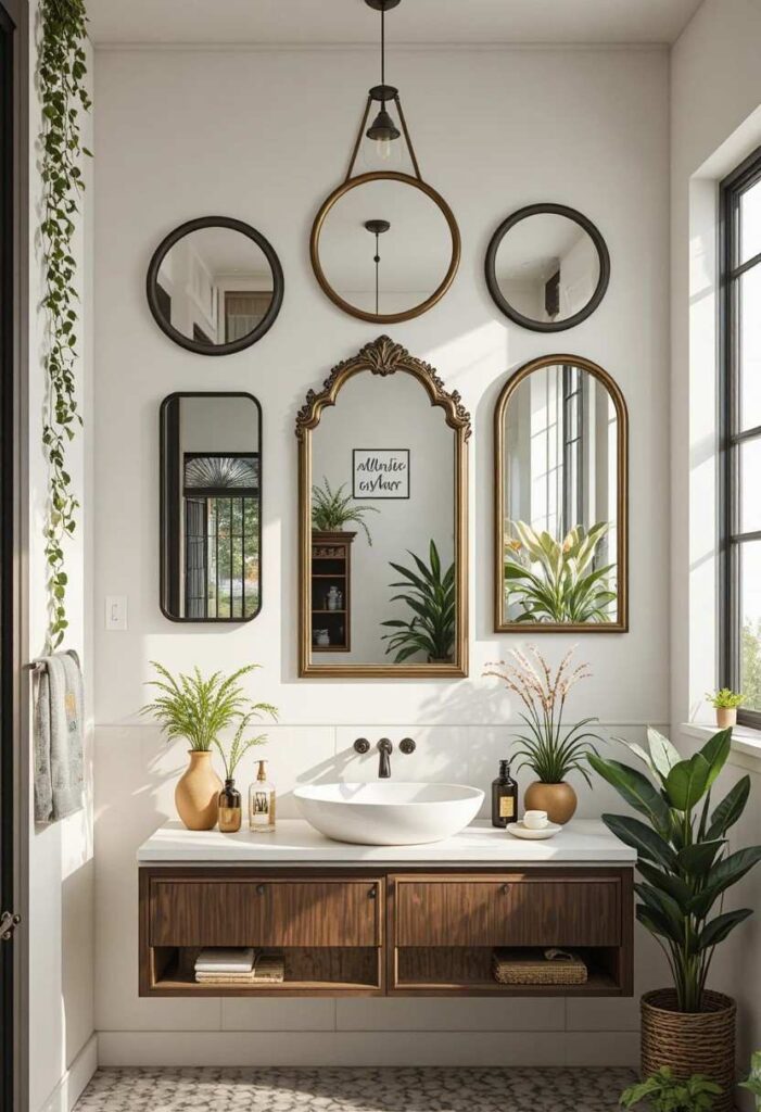 Gallery wall of decorative bathroom mirrors in mixed shapes creating an artistic focal point.