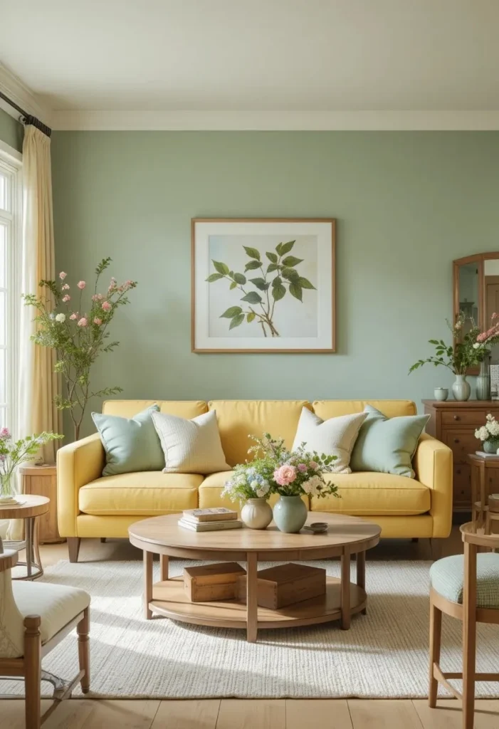 Yellow couch combined with sage green decor for a fresh and natural living room.