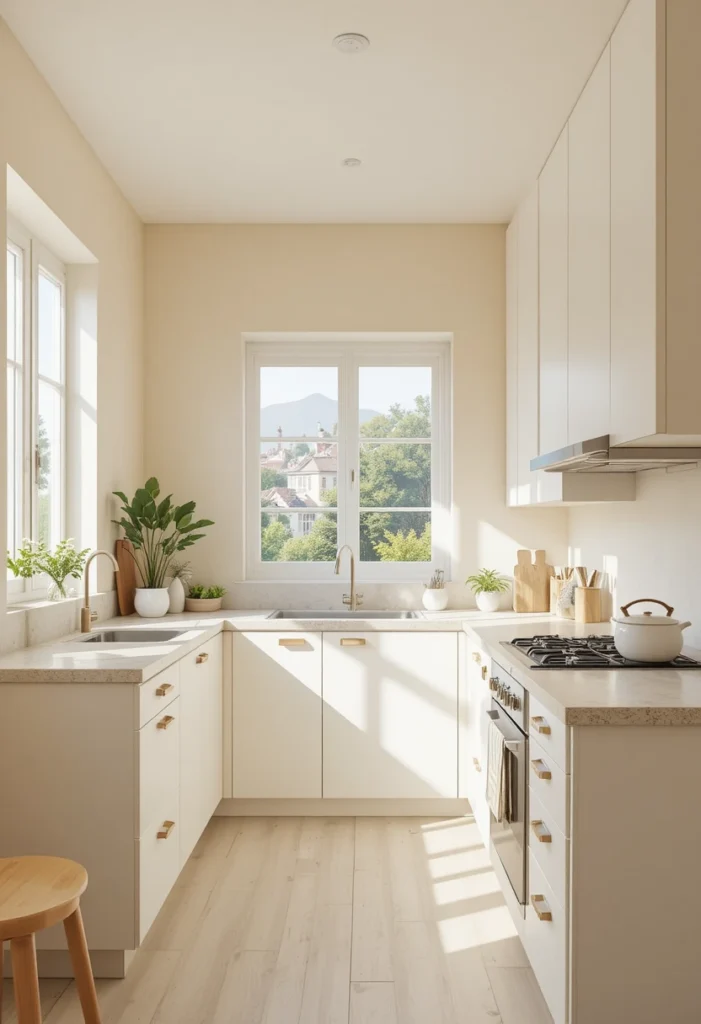 Small kitchen with light-colored cabinets and walls creating a bright, open feel.