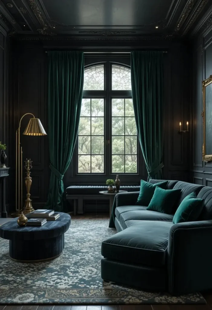 Dark grey couch paired with forest green accents for a dramatic living room.
