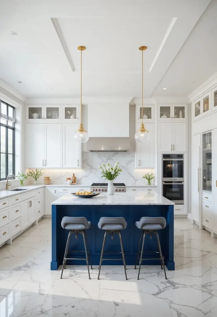 White kitchen cabinets with a striking blue island centerpiece.