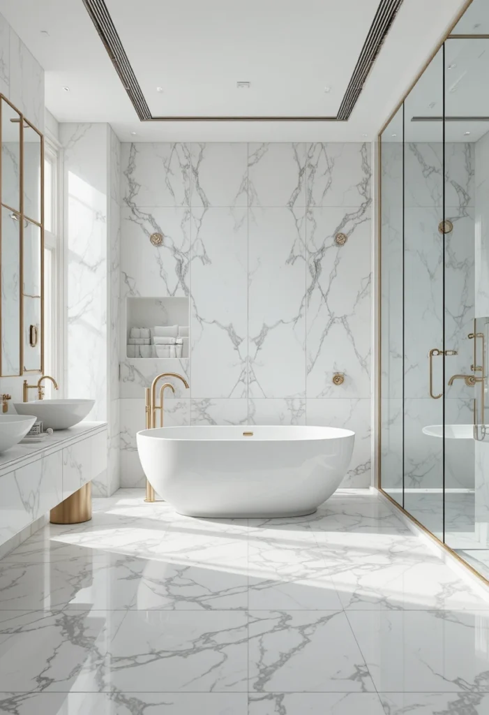 Large white marble floor tiles in a luxurious modern bathroom.