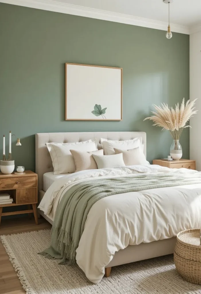 Sage green accent wall creating a peaceful and relaxing bedroom retreat.