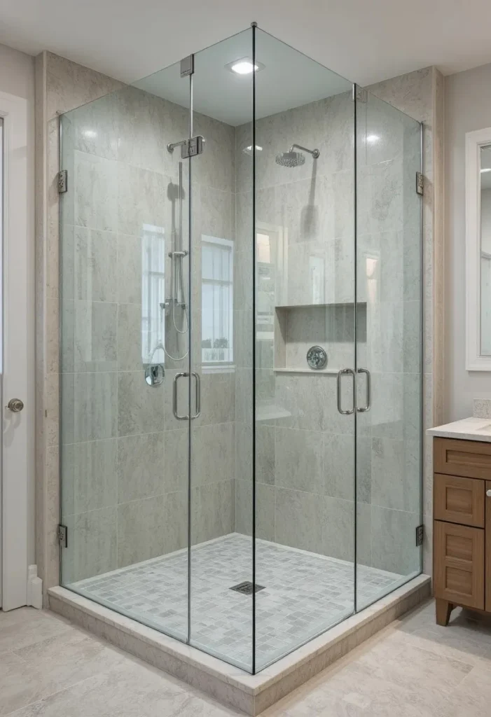 Open walk-in shower with frameless glass and rainfall shower head.