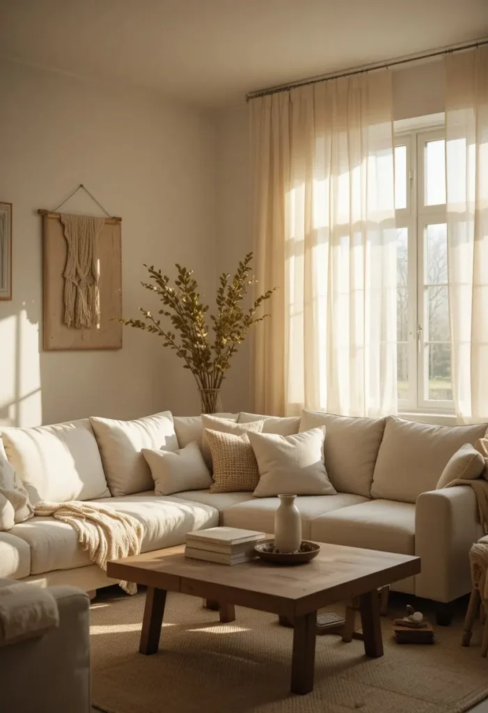 Cream linen curtains creating soft filtered light in a living room.