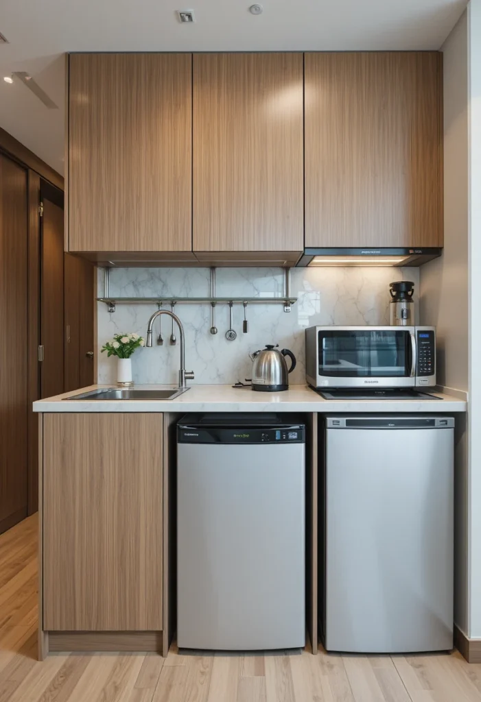 Compact appliances designed to maximize functionality in a small kitchen.