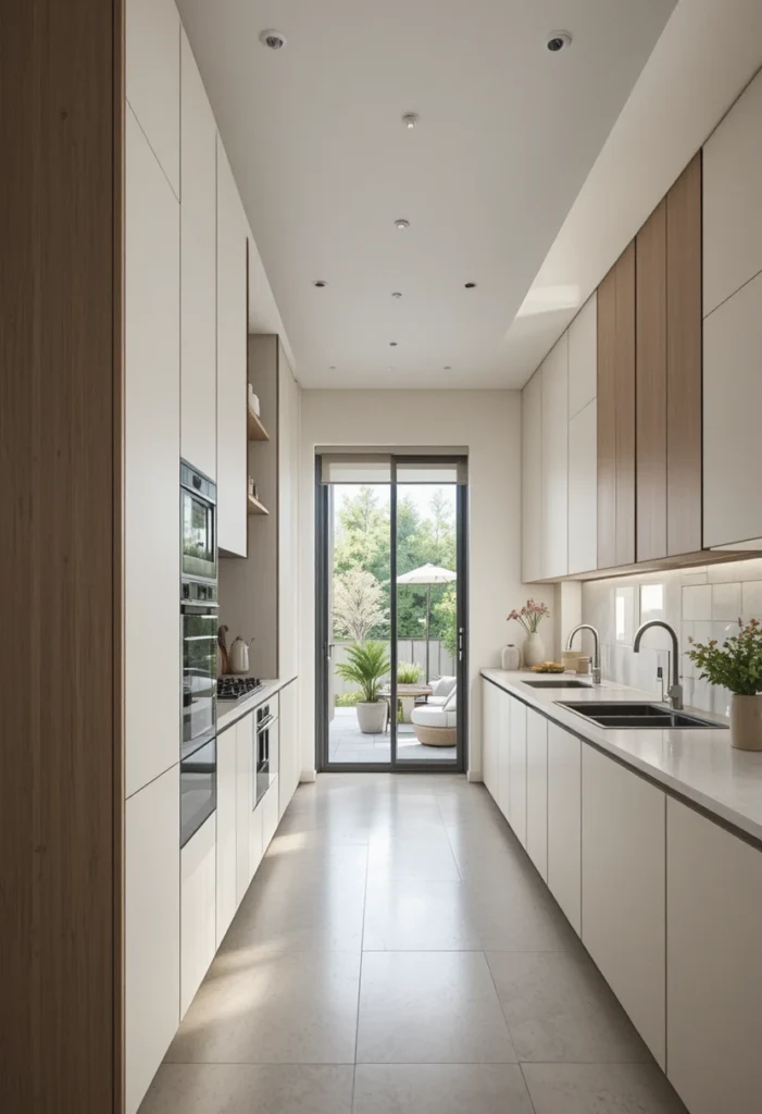 Long kitchen with floor-to-ceiling cabinets maximizing vertical storage