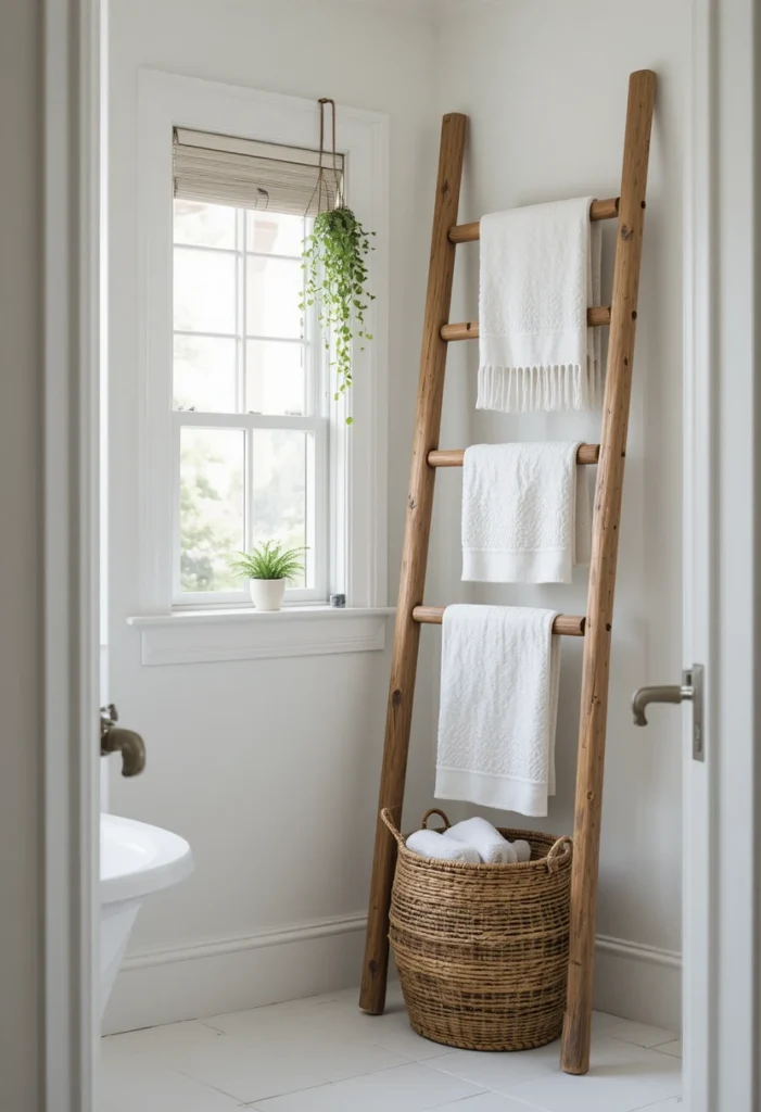 Wooden ladder displaying towels and decor in a bathroom.