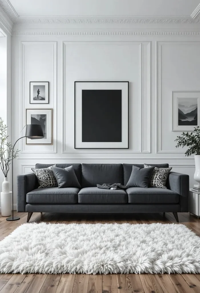 Dark grey couch creating bold contrast against crisp white walls.