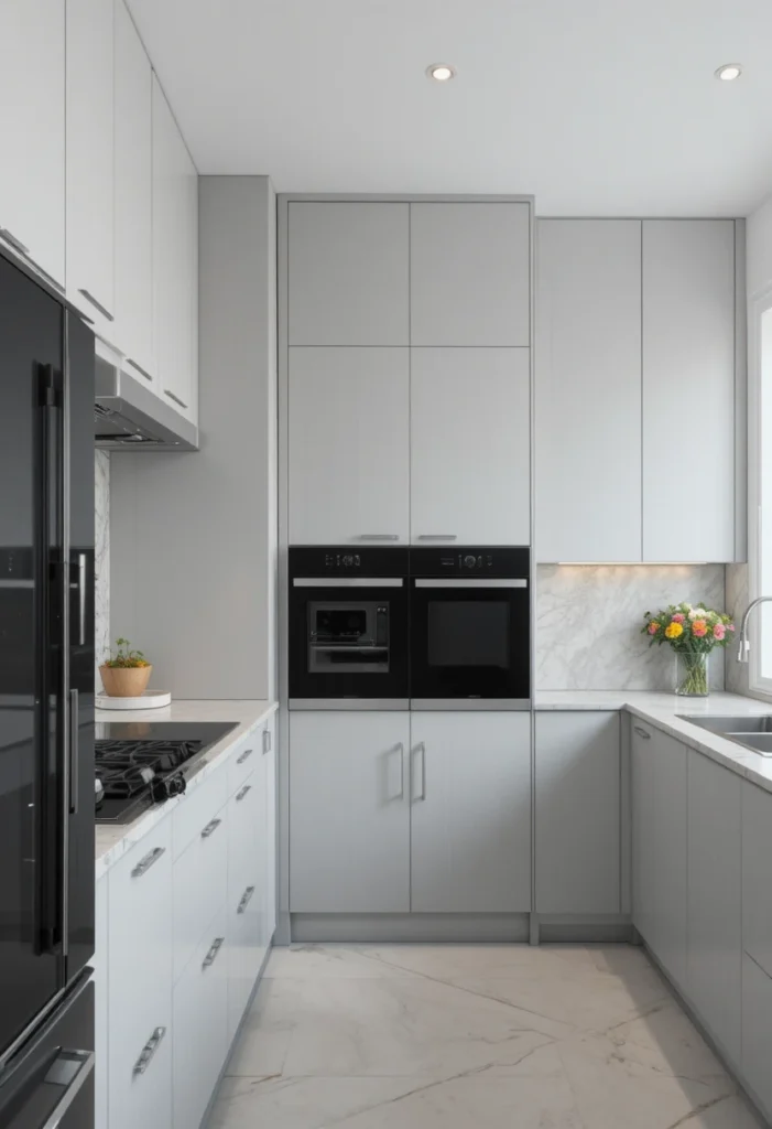 Grey kitchen with black appliances and modern sleek design