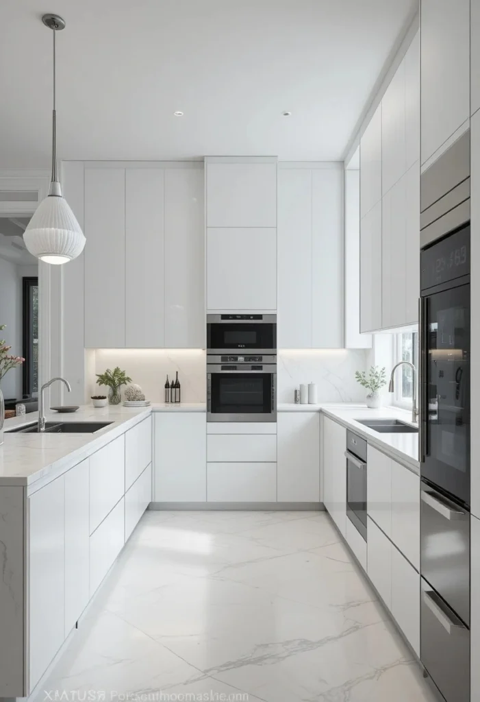 Minimalist white kitchen with integrated appliances and seamless cabinetry.