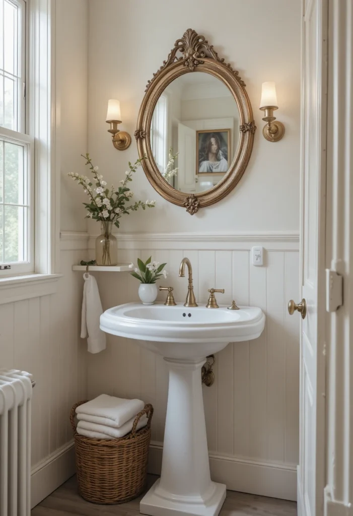Small guest bathroom with classic pedestal sink and elegant decor