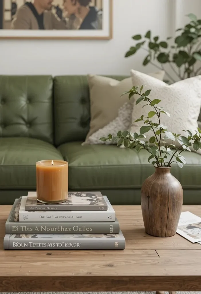 Green leather couch with a beautifully styled coffee table featuring books and natural decor.