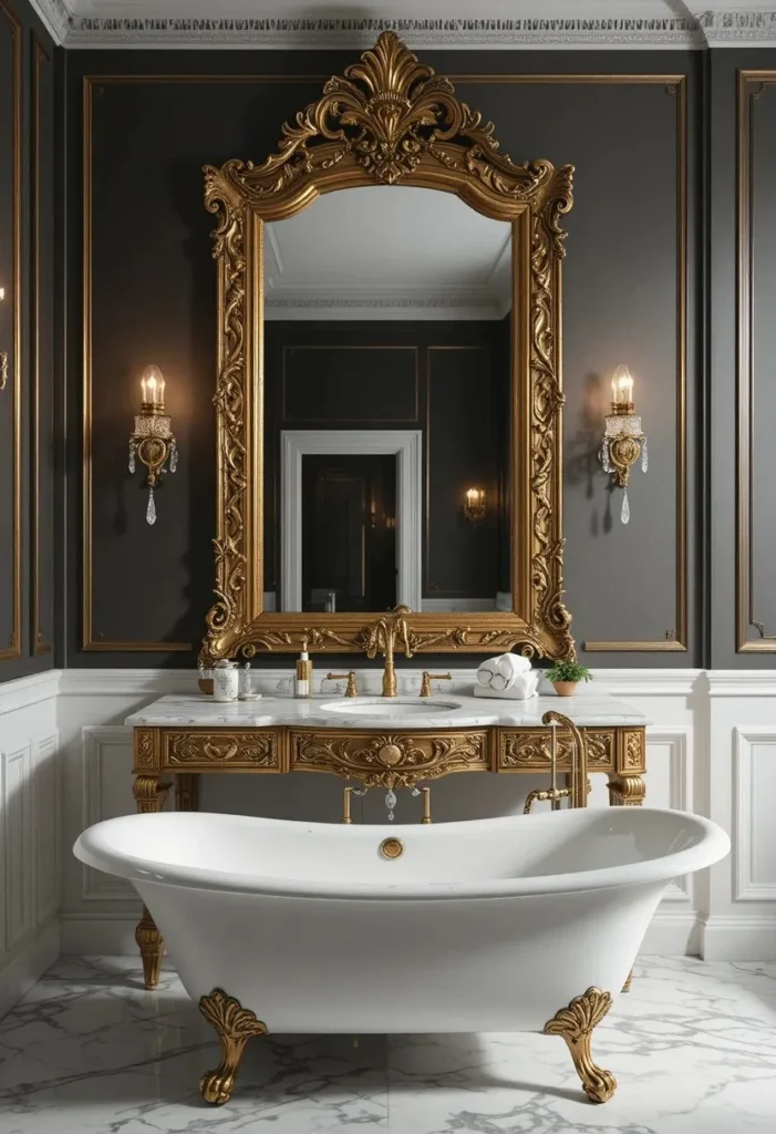 Vintage gold ornate bathroom mirror adding timeless elegance above a marble vanity.