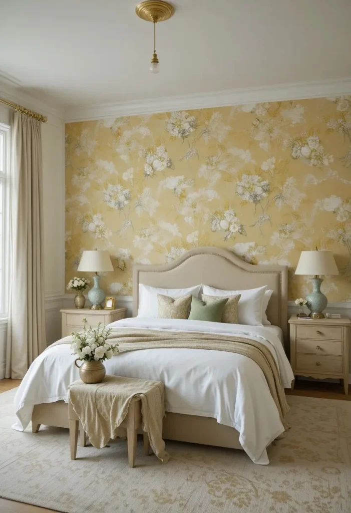 Yellow floral wallpaper creating a romantic and elegant bedroom focal point.