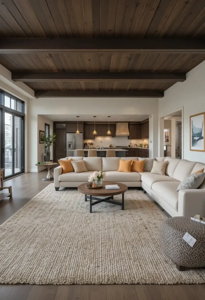 Large area rug creating a separate living room zone in an open layout.