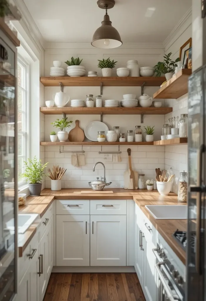 Open shelving in a small kitchen displaying dishes, jars, and decorative plants.