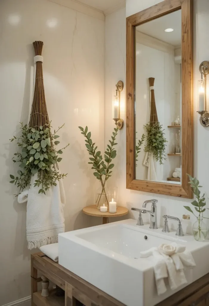 Dried eucalyptus hanging on a bathroom wall for natural decor.