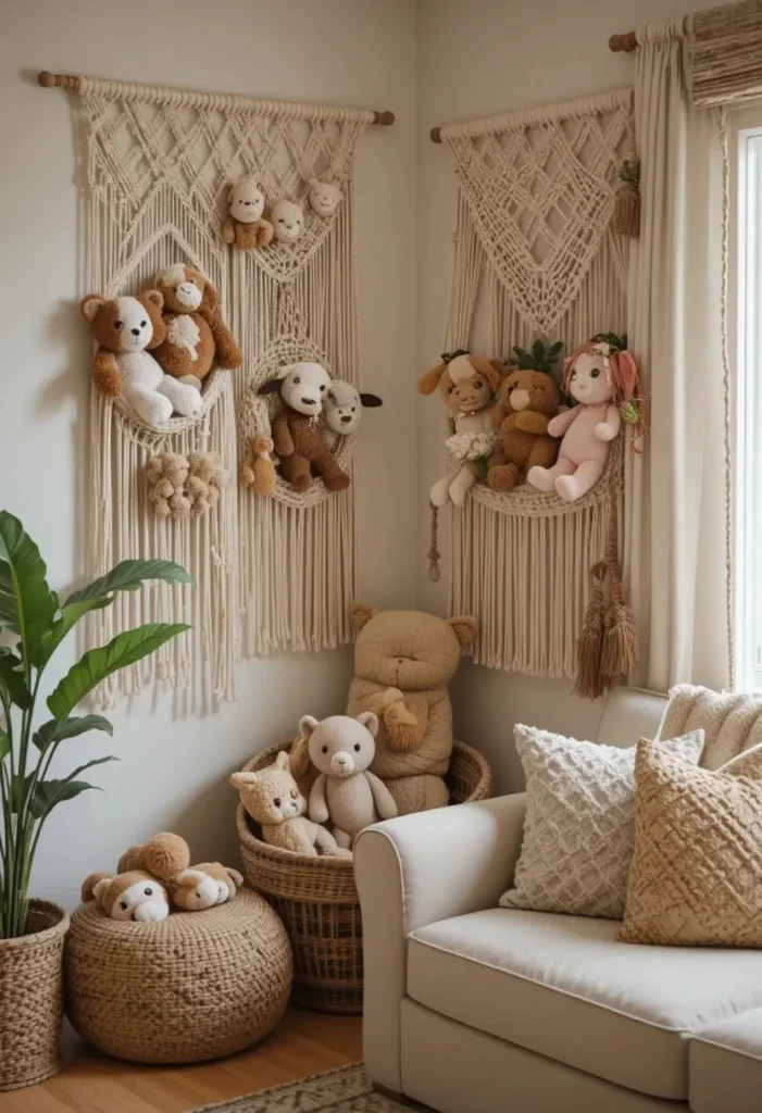 Macrame wall nets storing stuffed animals while adding boho charm to the living room.