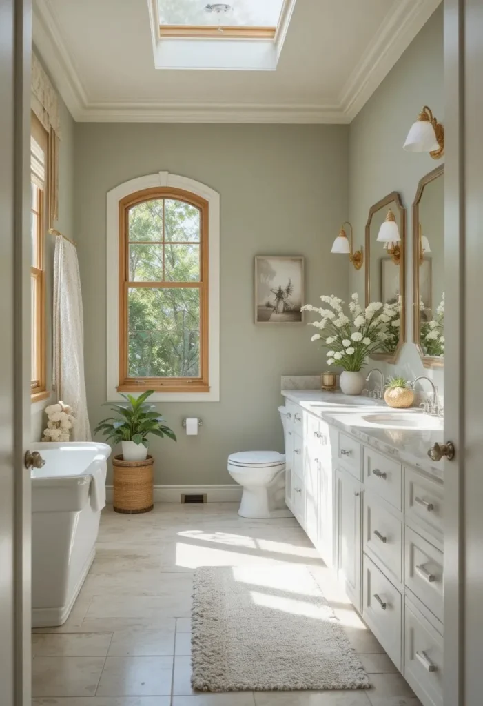 Spa-inspired bathroom with soft sage walls and natural finishes.