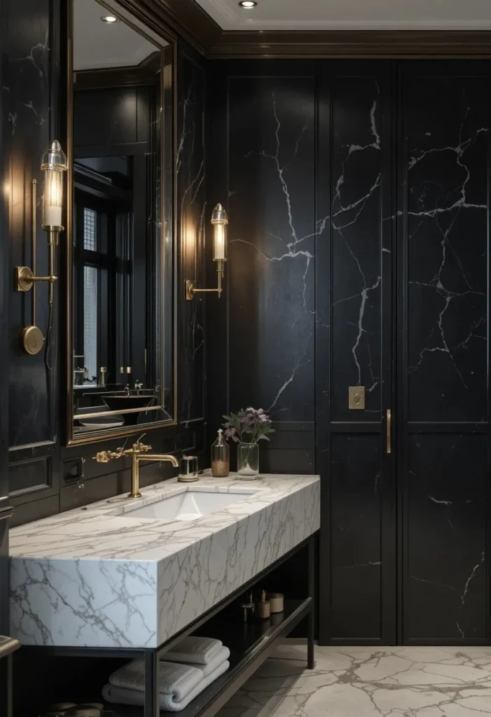 Black bathroom with white marble vanity and luxurious brass accents.