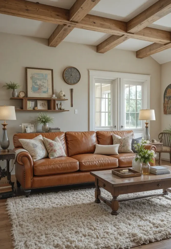 Distressed leather sofa adding warm rustic character to a farmhouse living room.
