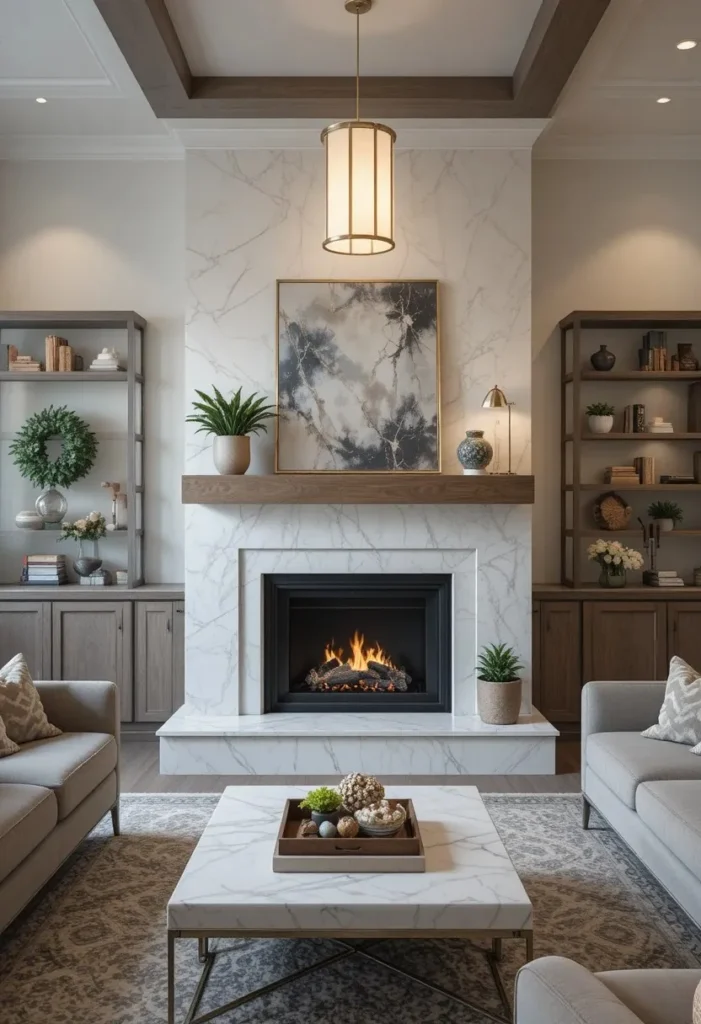 Updated fireplace surround becoming a stunning living room focal point.
