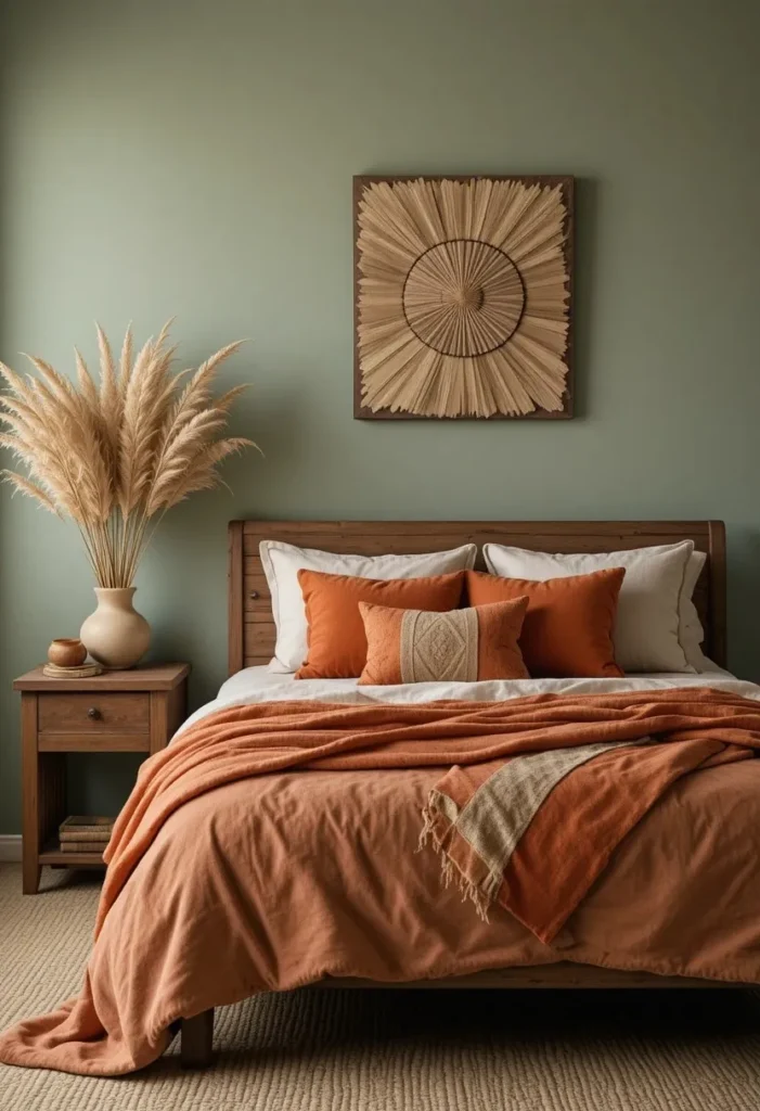 Sage green bedroom paired with terracotta bedding and natural decor.