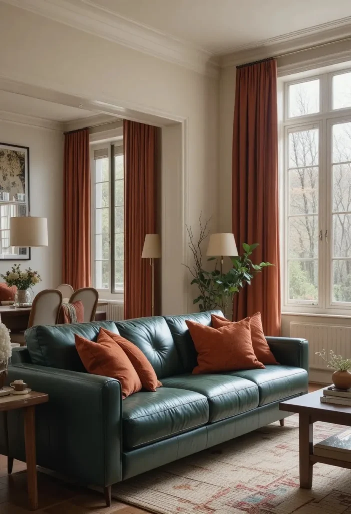 Green leather couch styled with rust-colored curtains and earthy accents.